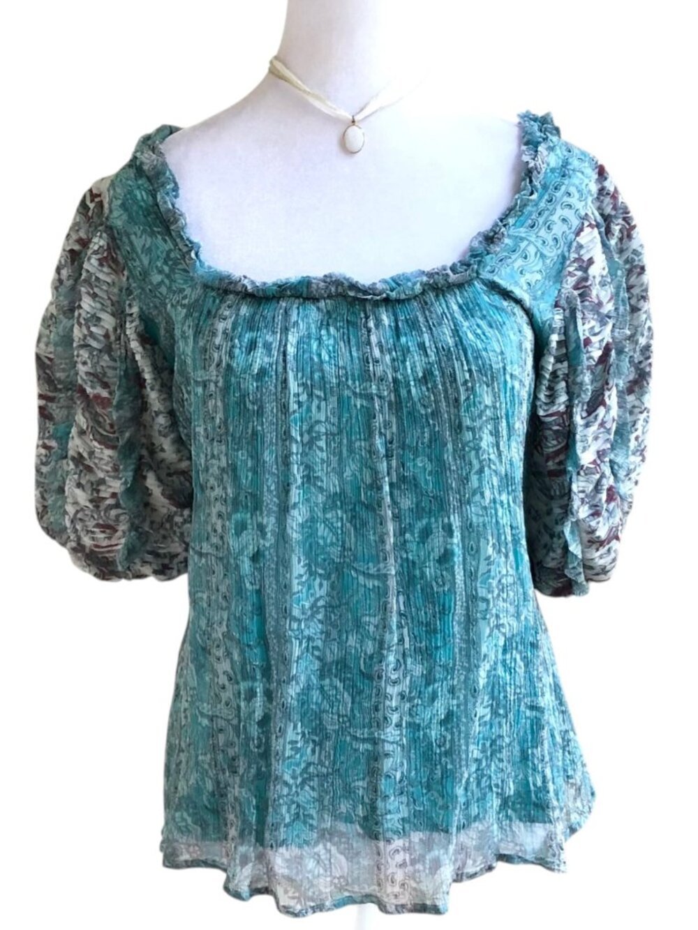 Anthropologie Let Me Be Blouse Puff Sleeves Aqua (XS)
